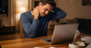 Plano office worker with neck pain from desk work and forward head posture at computer